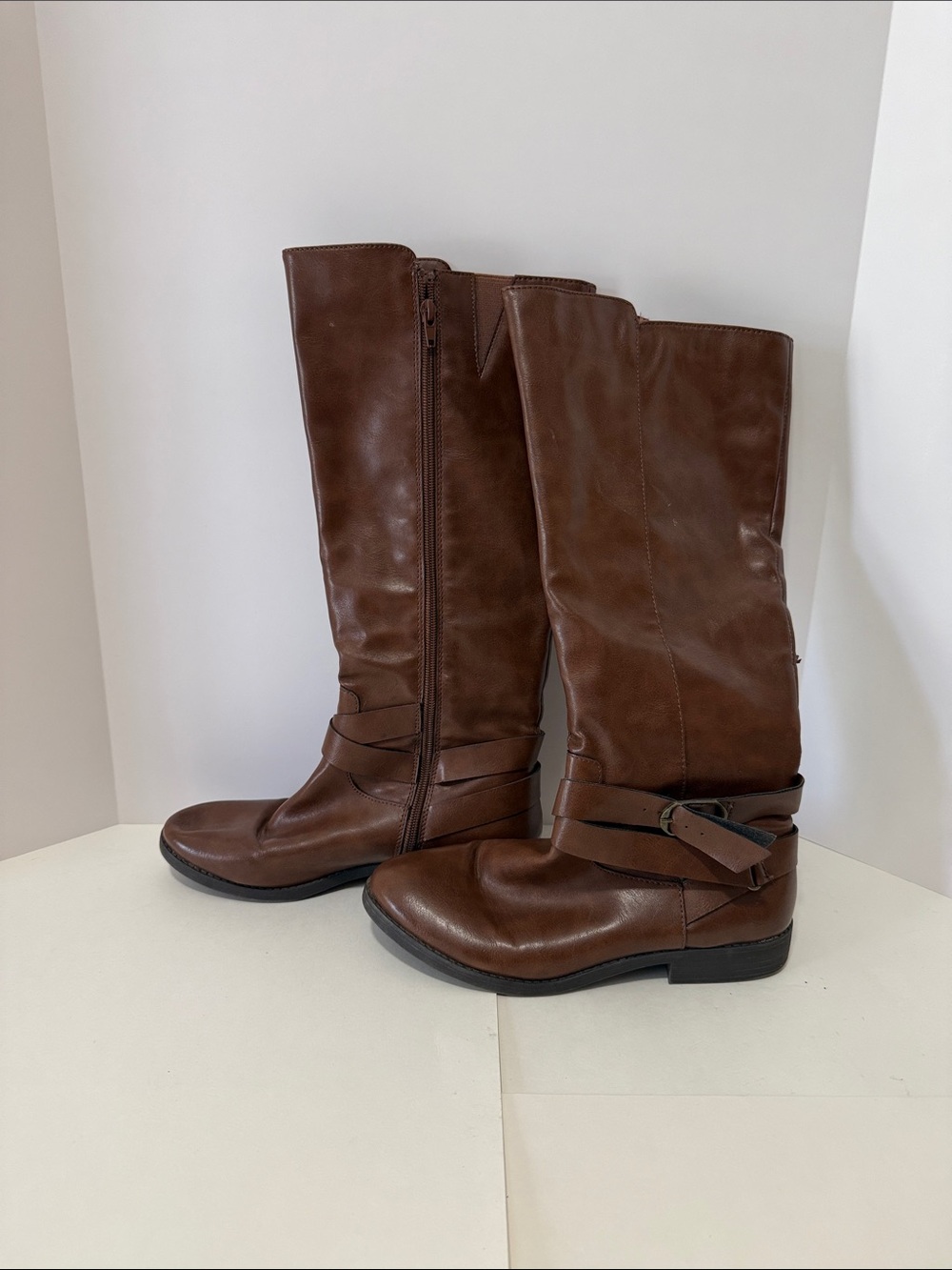 Women's Brown Tall Riding Boots with Buckle Strap